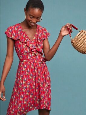 Anthropologie Red Floral Ruffle Wrap Mini Dress